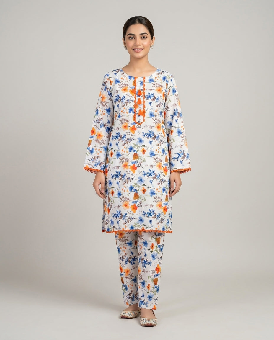Ivory Blue Floral 2 Piece Suit