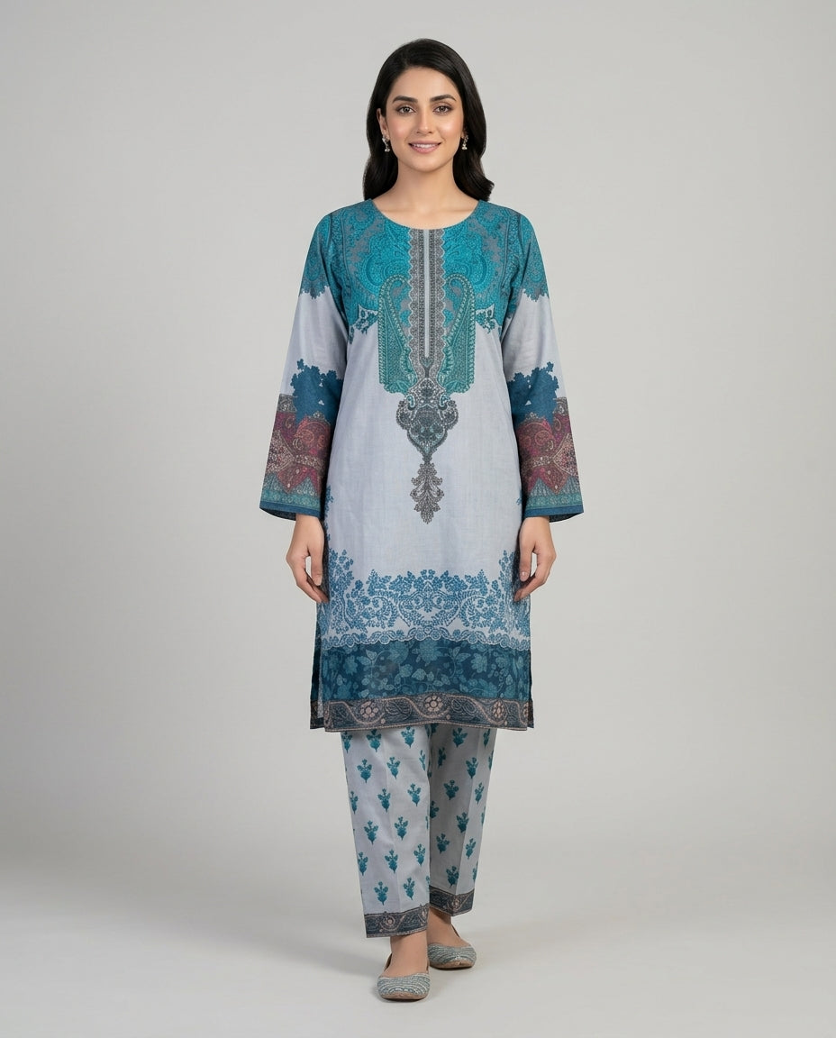 Steel Grey Teal Paisley Suit