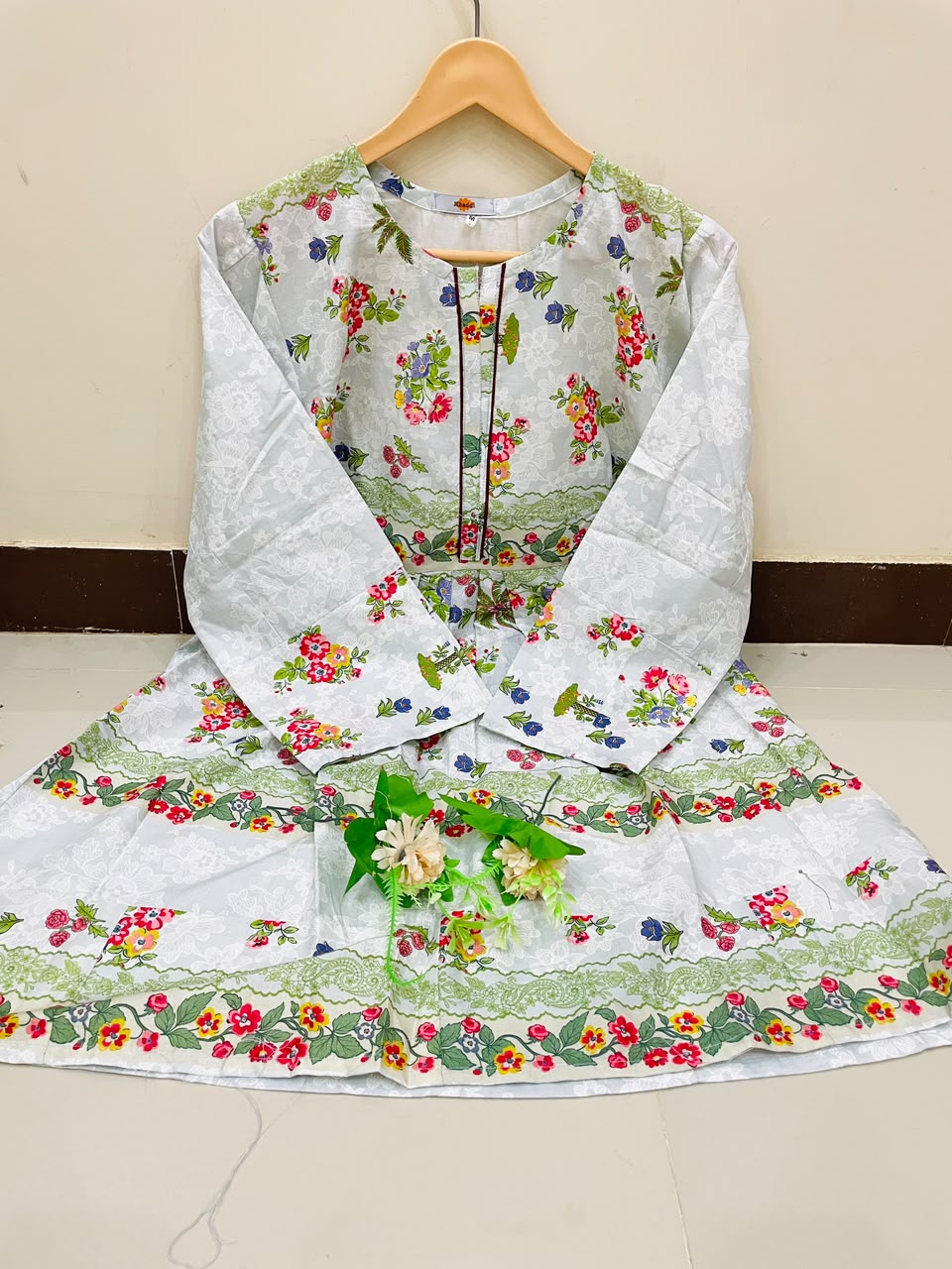 1 Piece White Frock (Multicolor Floral Border)