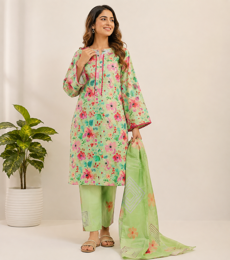 3. Mint Garden Bloom – 3 Piece Pure Lawn Stitched Suit