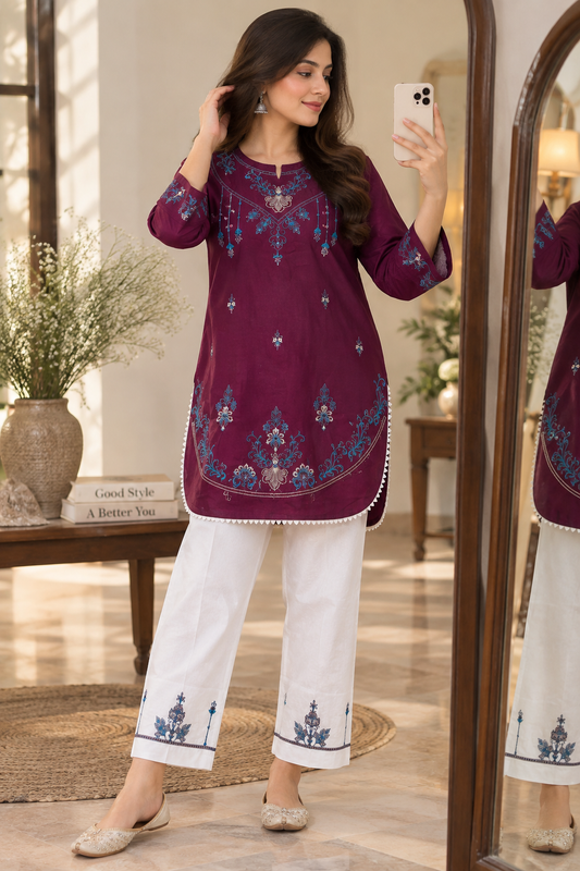 Noor Plum Embroidered Co-Ord Set