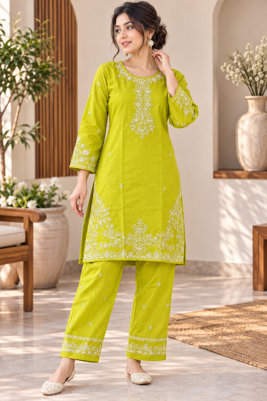 Lime Glow Embroidered 2-Piece Co-Ord Set