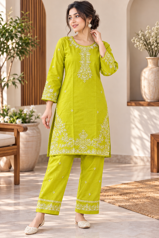 Lime Glow Embroidered 2-Piece Co-Ord Set