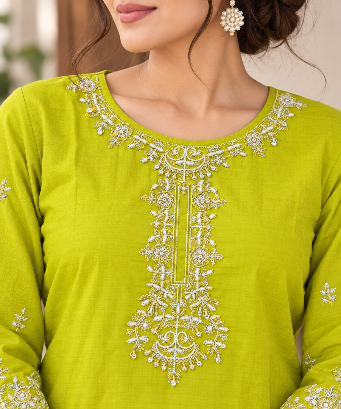 Lime Glow Embroidered 2-Piece Co-Ord Set