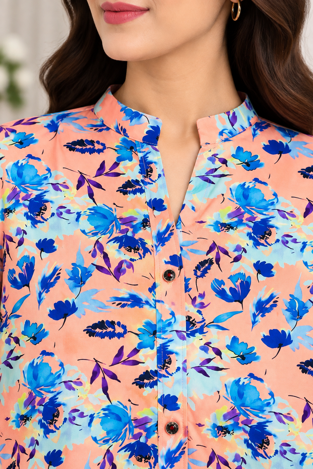 Peach Blue Floral Air-Linen 2 Piece Stitched Suit