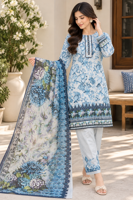 Azure Bloom – Premium 3 Piece Printed Lawn Suit