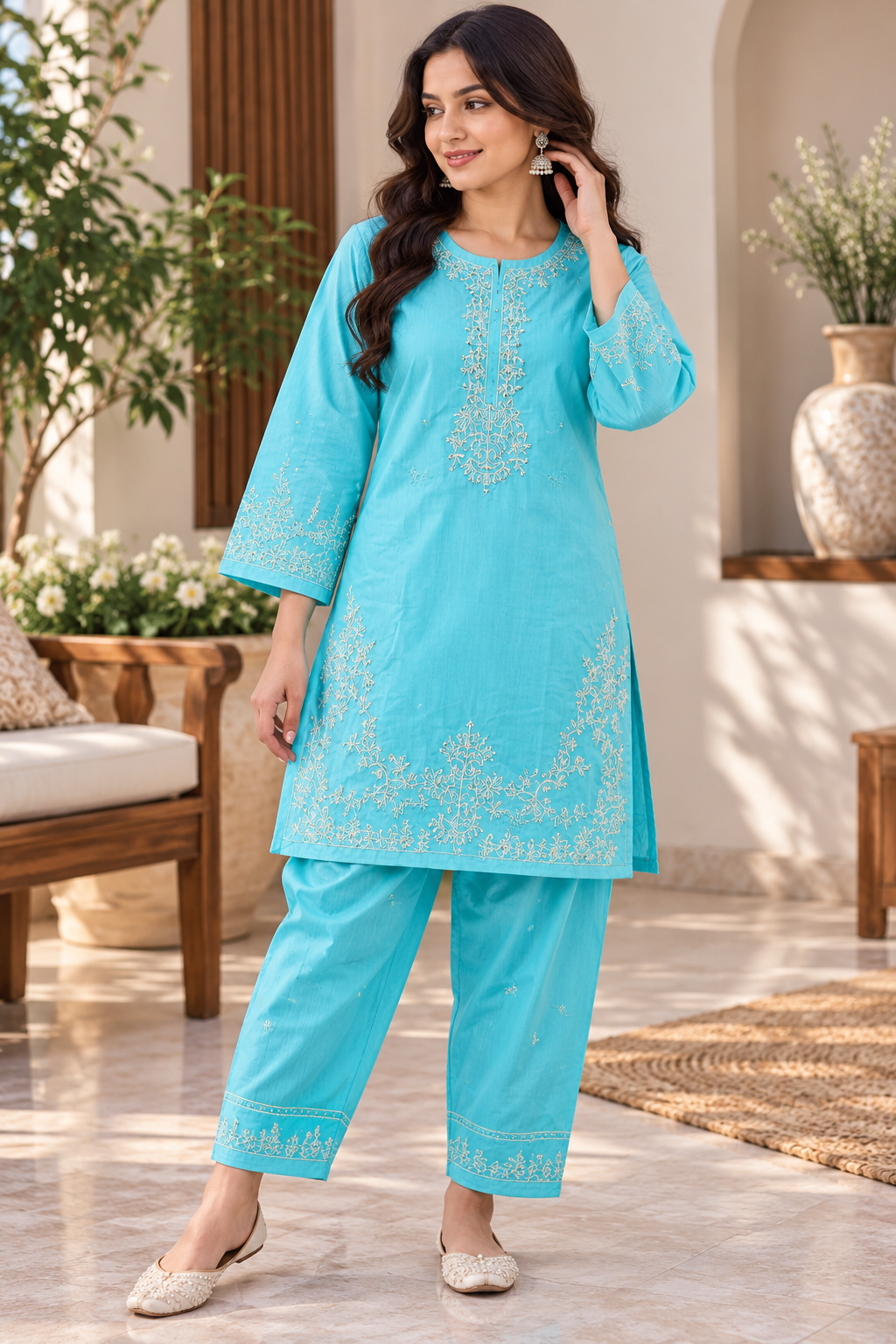 Aqua Bloom Embroidered 2-Piece Co-Ord Set