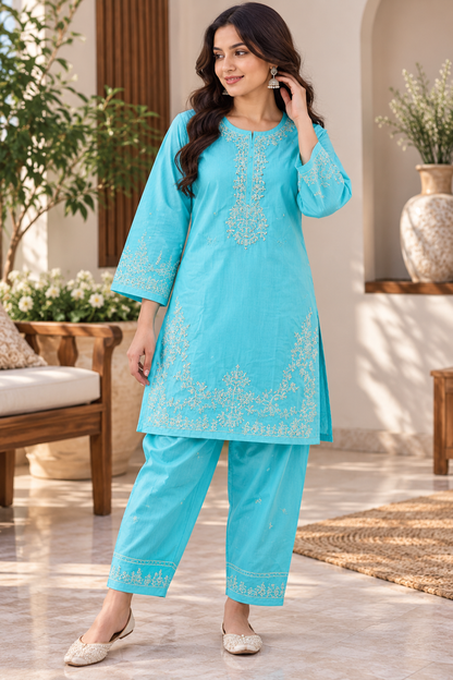 Aqua Bloom Embroidered 2-Piece Co-Ord Set