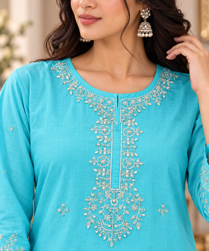 Aqua Bloom Embroidered 2-Piece Co-Ord Set