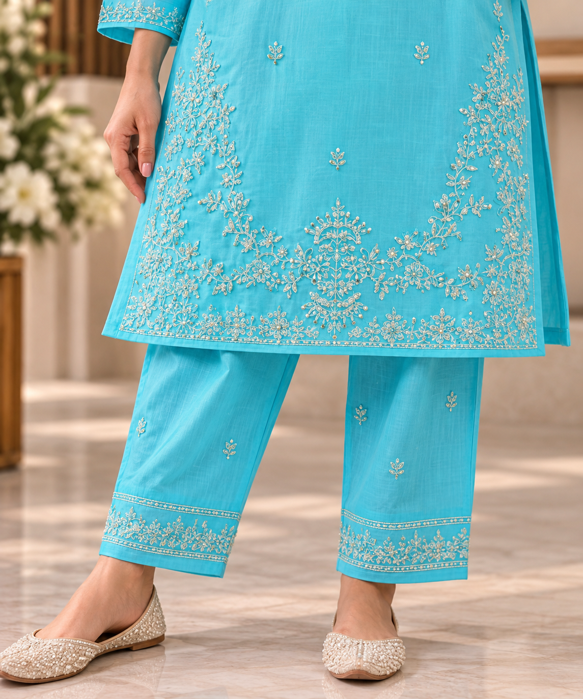 Aqua Bloom Embroidered 2-Piece Co-Ord Set