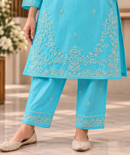 Aqua Bloom Embroidered 2-Piece Co-Ord Set