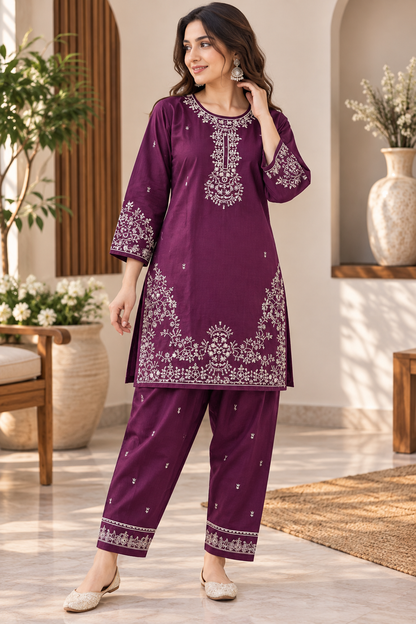 Plum Royale Embroidered 2-Piece Co-Ord Set