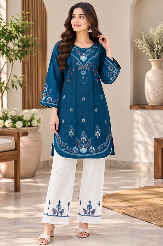 Teal Elegance Embroidered 2-Piece Co-Ord Set