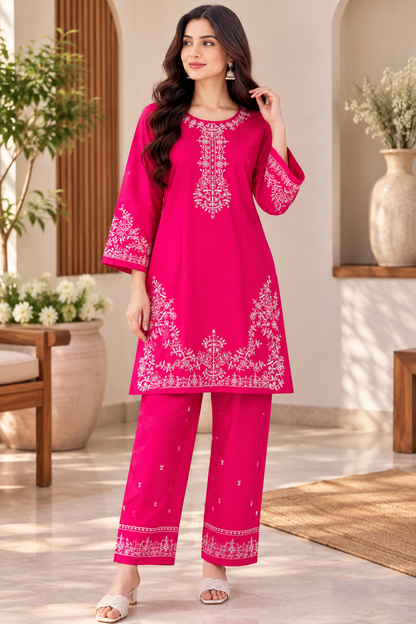Fuchsia Bloom Embroidered 2-Piece Co-Ord Set