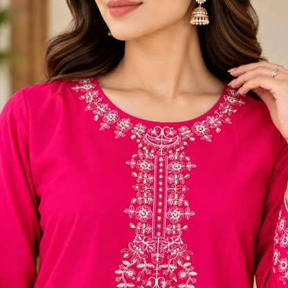 Fuchsia Bloom Embroidered 2-Piece Co-Ord Set