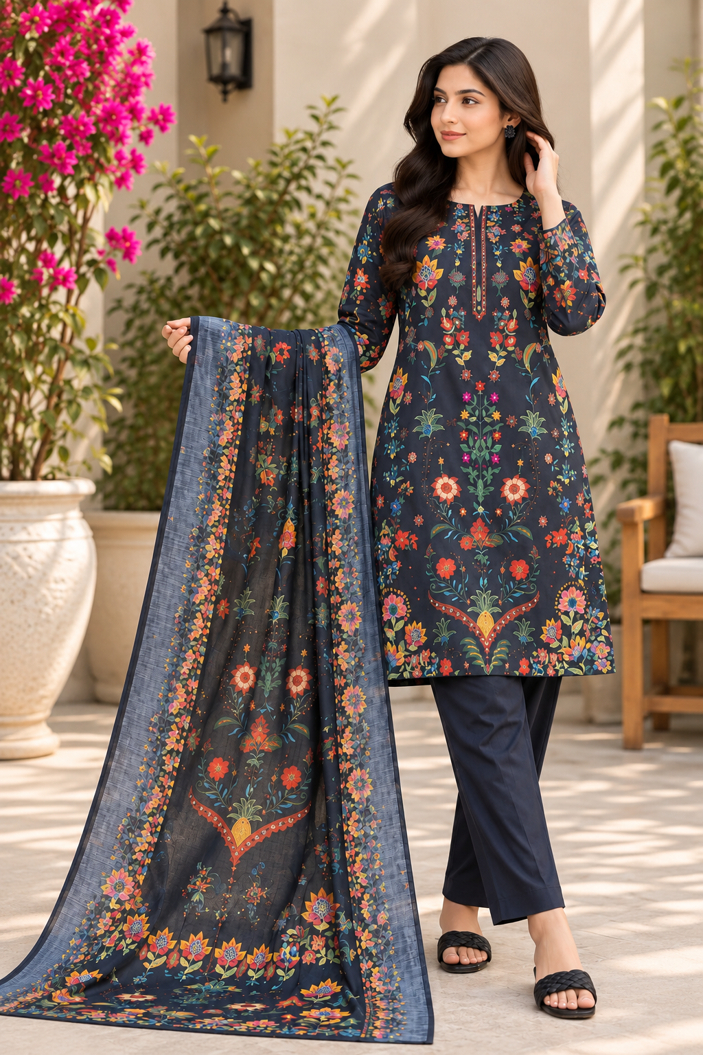 Midnight Bloom – Premium 3 Piece Printed Suit