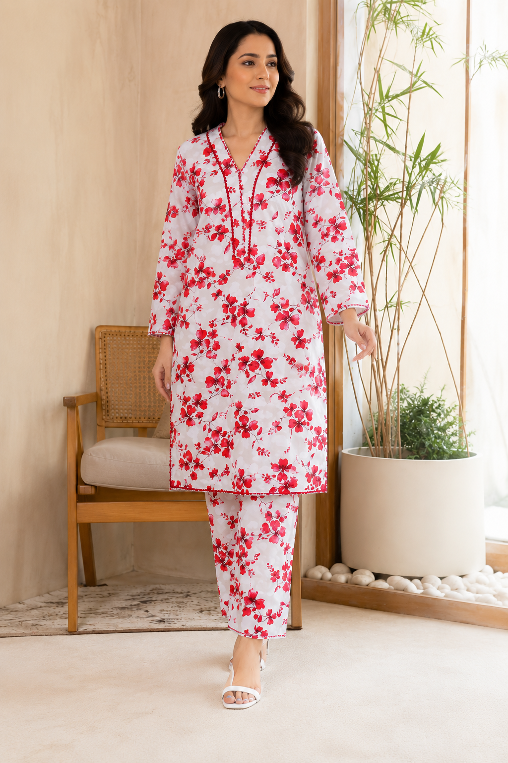 Zoya Floral Print 2-Piece Stitched Suit – Red & White