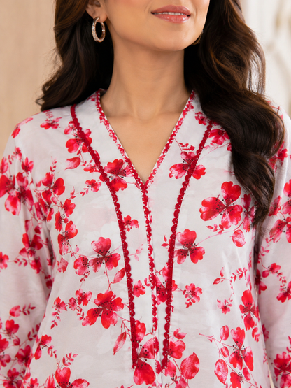Zoya Floral Print 2-Piece Stitched Suit – Red & White