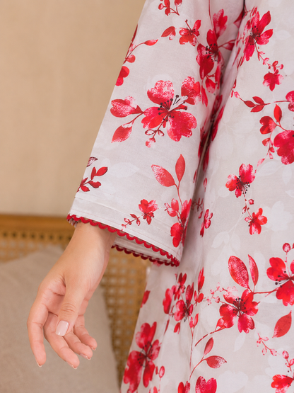Zoya Floral Print 2-Piece Stitched Suit – Red & White