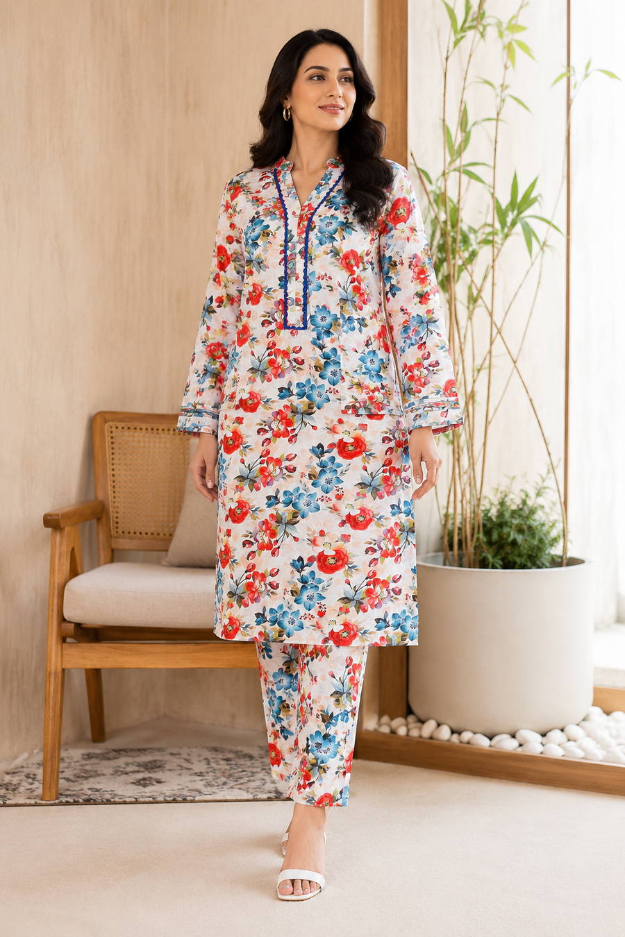 Eliza Floral Print 2-Piece Stitched Suit – Multicolor