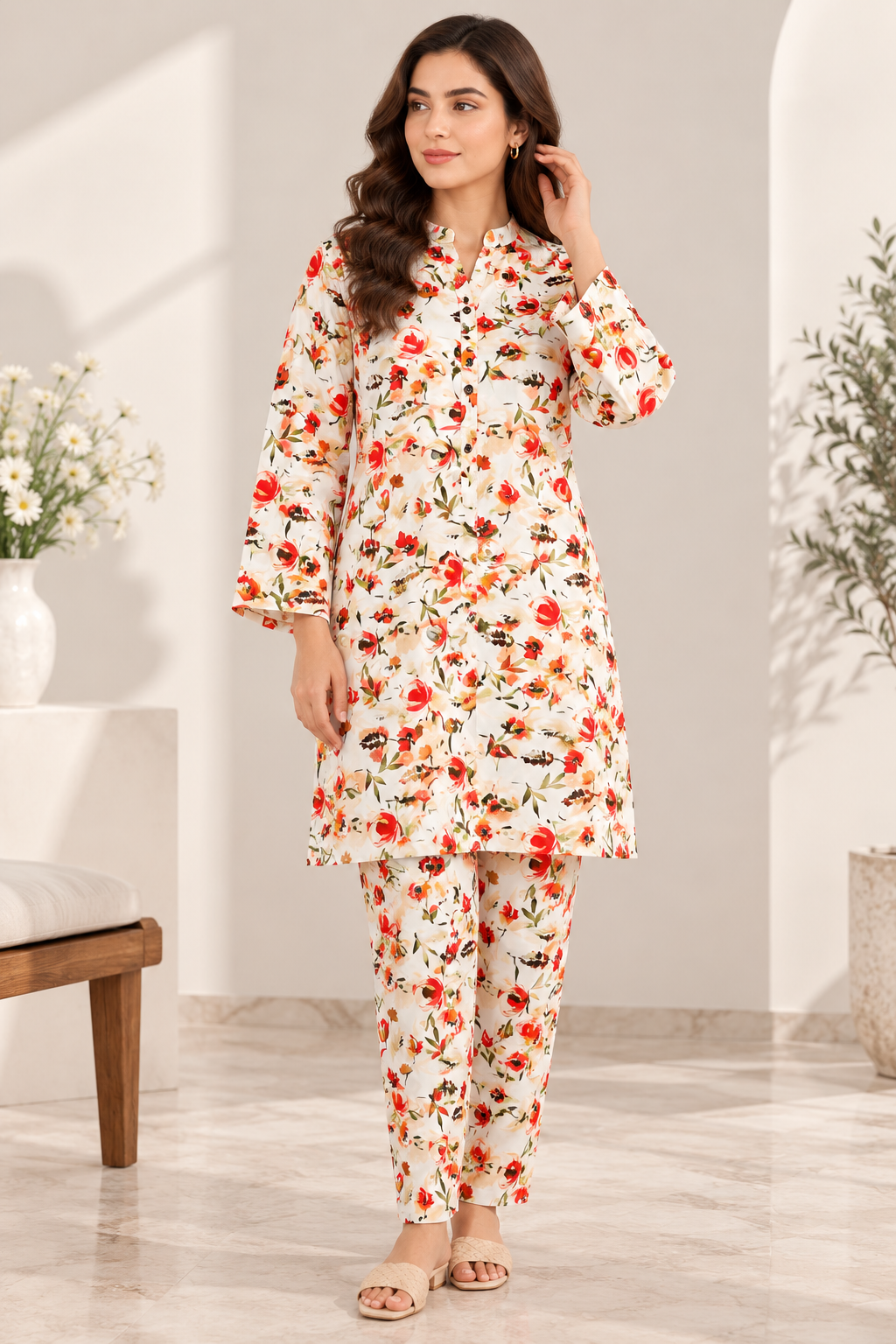 Ruby Floral – Two Piece A-Line Co-Ord Set Stitched Suit