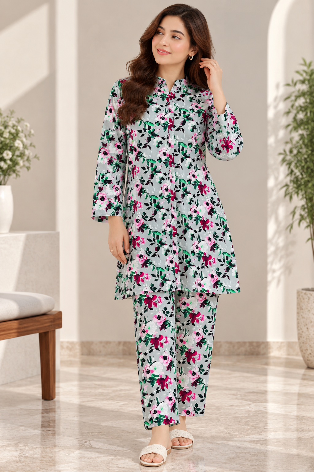 Mint Blossom Boski Linen Digital Print 2 Piece Co-Ord Set