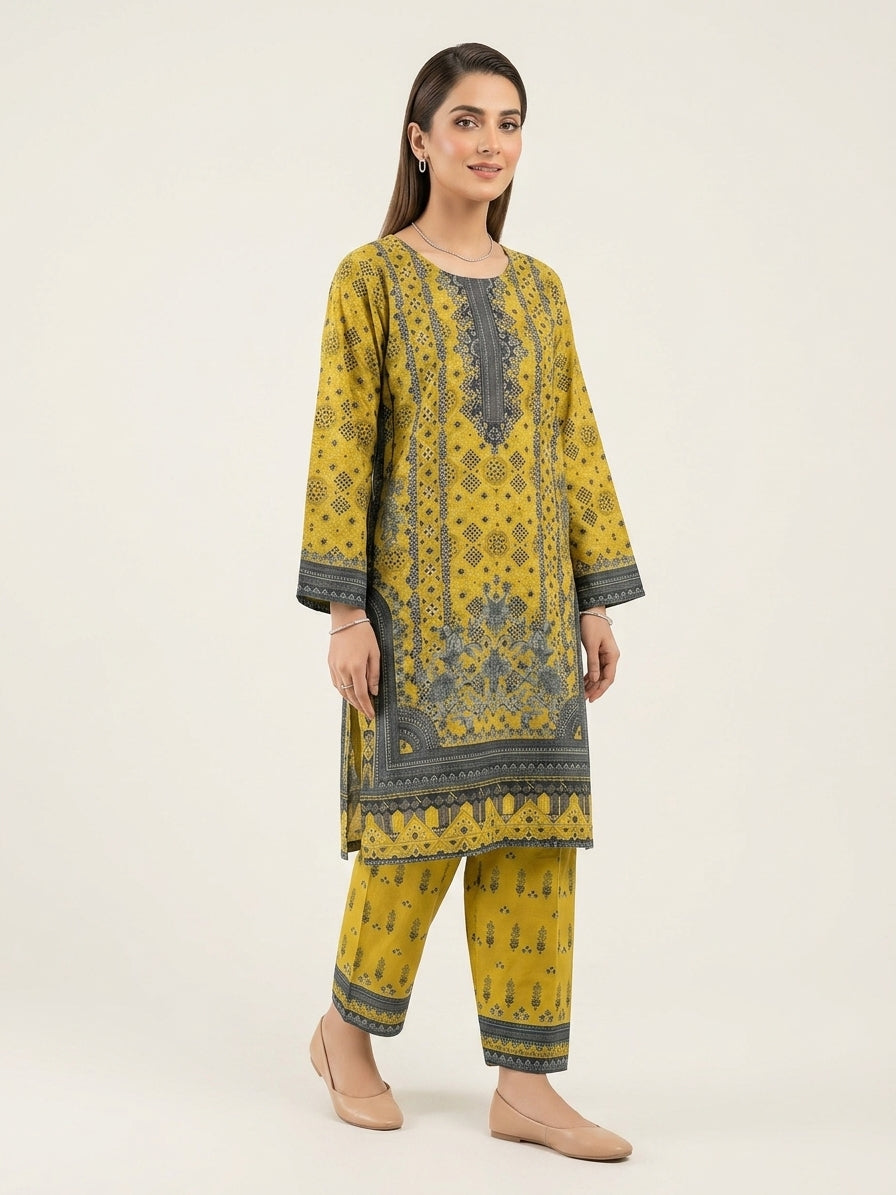 Mustard Ajrak Print Suit