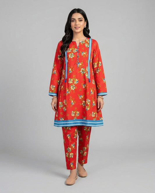 Coral red Floral Stripe Suit