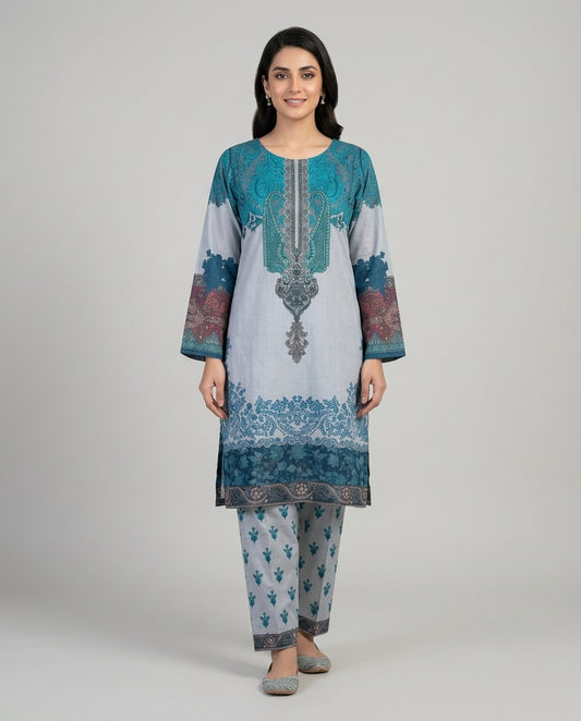 Steel Grey Teal Paisley Suit