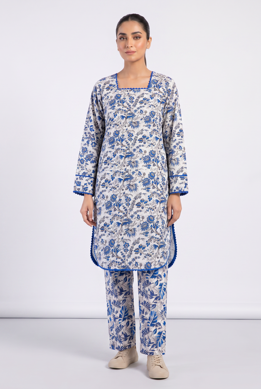 White Blue Floral Cotton 2Pc