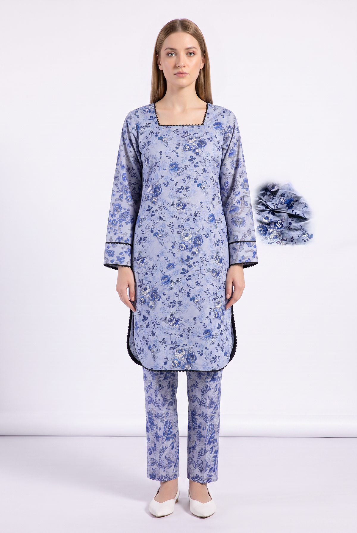 Grey Blue Floral Cotton 2Pc