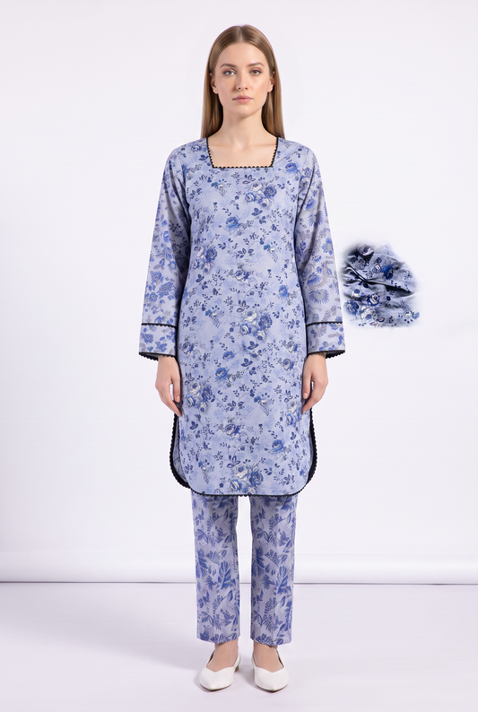 Grey Blue Floral Cotton 2Pc
