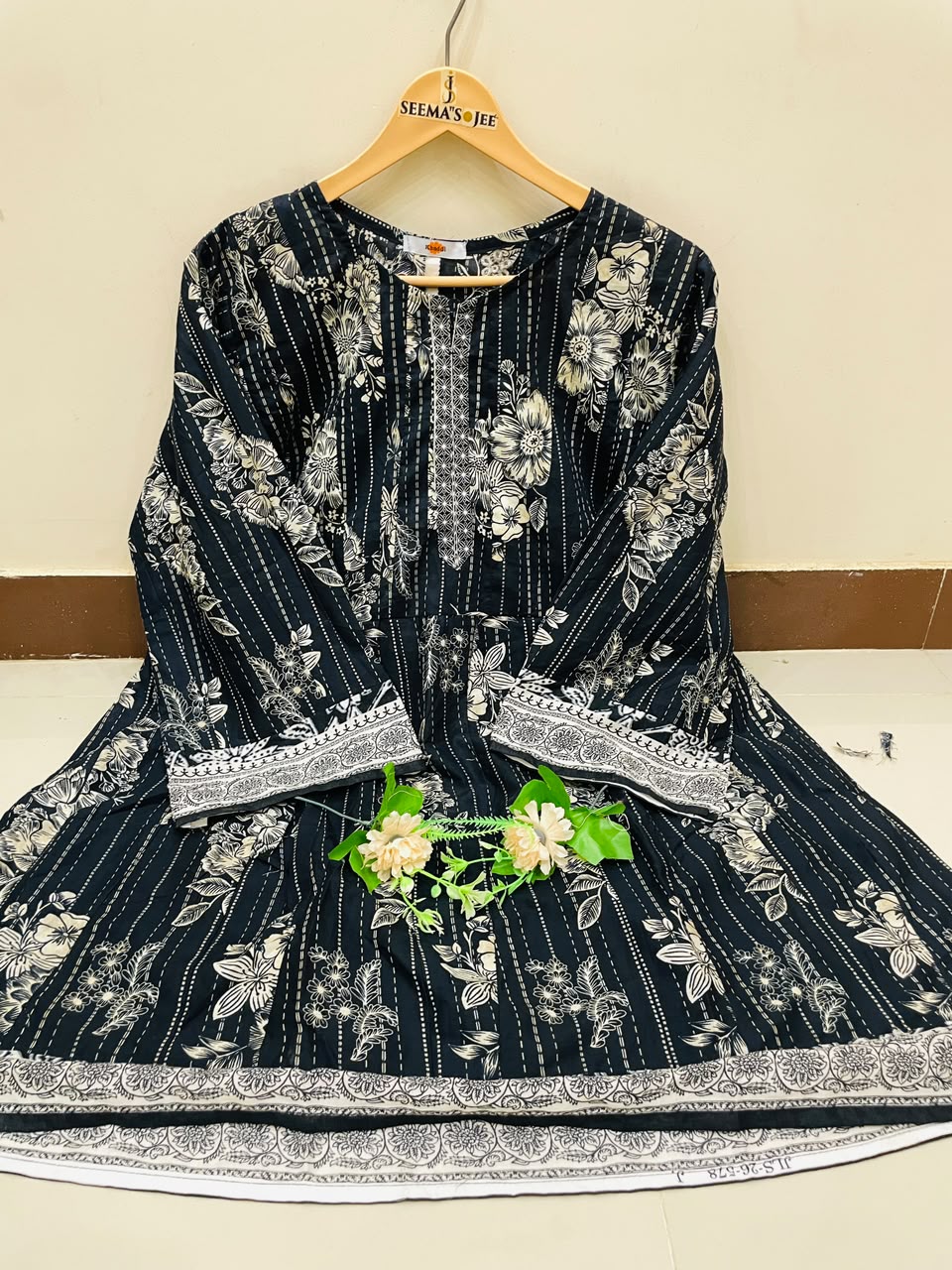 KHAADI – 1 Piece Black Frock (Floral Stripe)