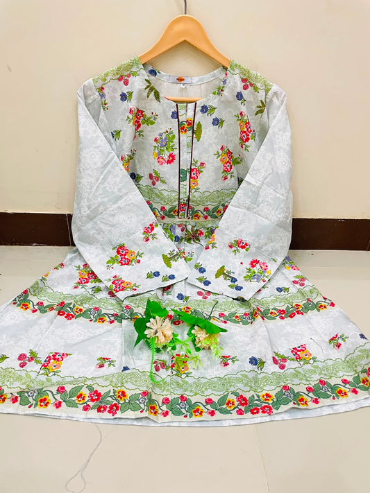 1 Piece White Frock (Multicolor Floral Border)