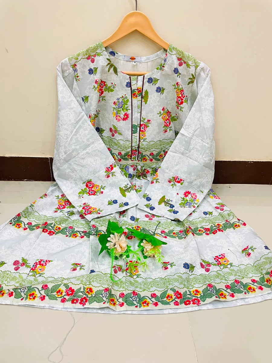 1 Piece White Frock (Multicolor Floral Border)