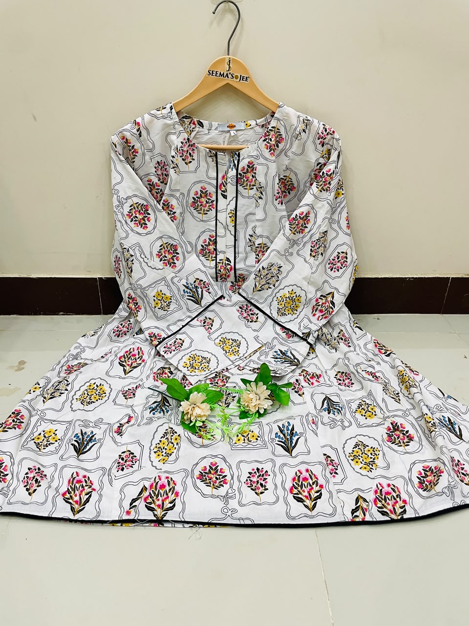 KHAADI – 1 Piece White Frock (Pink Floral)