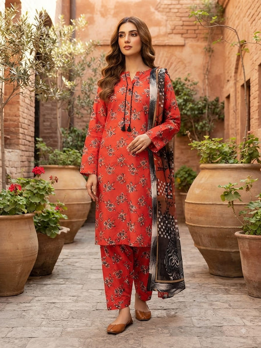 Coral Red Printed Lawn 3 Piece Suit