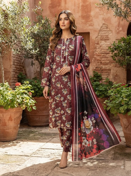 Burgundy Floral Printed Lawn 3 Piece Suit